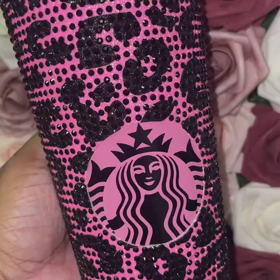 Neon Pink and Black Glitter HTV with Black Rhinestones Cheetah Leopard Print Vinyl & Rhinestone Full Bling Venti Acrylic Tumbler 24oz