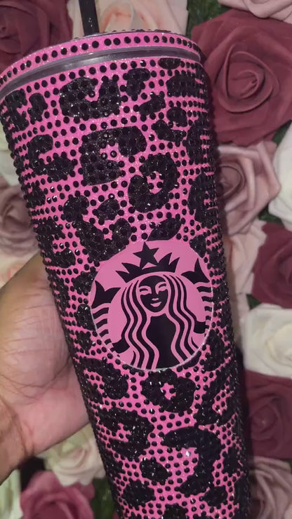 Neon Pink and Black Glitter HTV with Black Rhinestones Cheetah Leopard Print Vinyl & Rhinestone Full Bling Venti Acrylic Tumbler 24oz