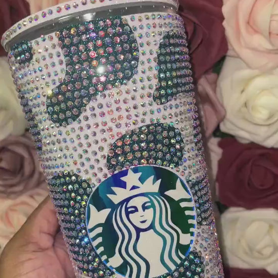 Rainbow White Cow Print with Lagoon Vinyl Cow Spots with Crystal AB Rhinestones Full Bling Venti Acrylic Starbucks Tumbler 16 or 24oz