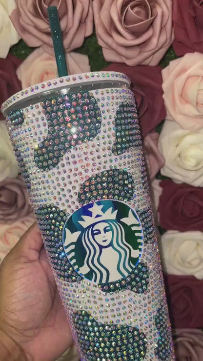 Rainbow White Cow Print with Lagoon Vinyl Cow Spots with Crystal AB Rhinestones Full Bling Venti Acrylic Starbucks Tumbler 16 or 24oz