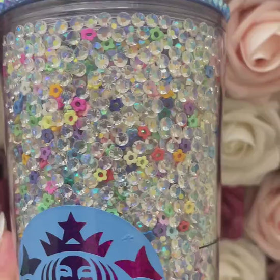 Starbucks Clear AB Rhinestones with Colorful Flower Polymer Clay,Rhinestone Filled Tumbler,Rhinestone Lid