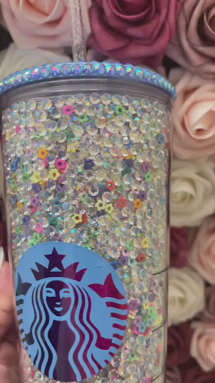 Starbucks Clear AB Rhinestones with Colorful Flower Polymer Clay,Rhinestone Filled Tumbler,Rhinestone Lid