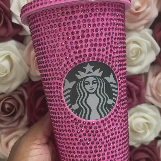 Flamingo Pink with Rose Pink Rhinestones Starbucks Cold Cup Rhinestone Bling Bedazzled Glitter Tumbler, 24 oz Reusable Plastic