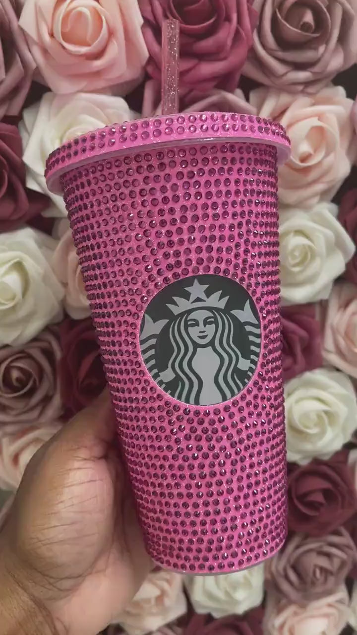Flamingo Pink with Rose Pink Rhinestones Starbucks Cold Cup Rhinestone Bling Bedazzled Glitter Tumbler, 24 oz Reusable Plastic