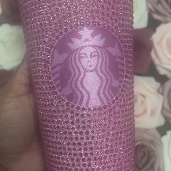 Flamingo Pink Vinyl With Rose Pink Full Glitter Rhinestone Bling Venti Acrylic Starbucks Tumbler 24oz