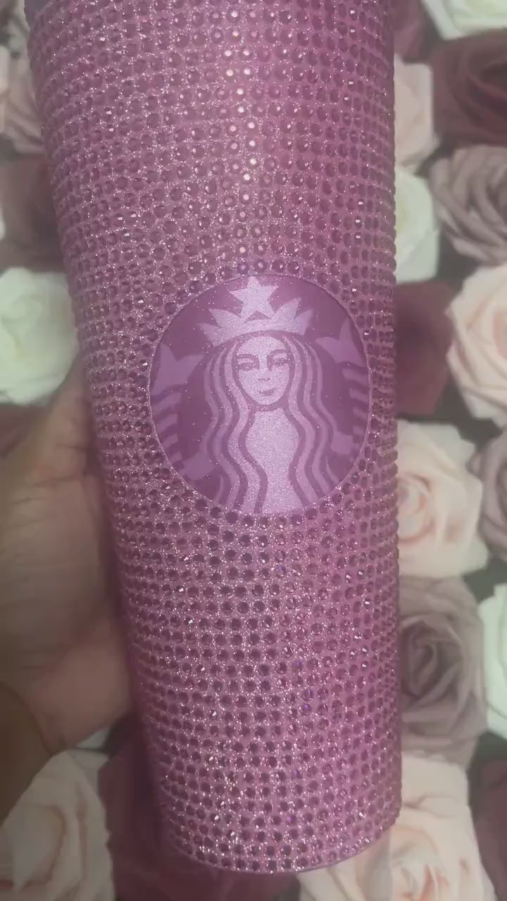 Flamingo Pink Vinyl With Rose Pink Full Glitter Rhinestone Bling Venti Acrylic Starbucks Tumbler 24oz