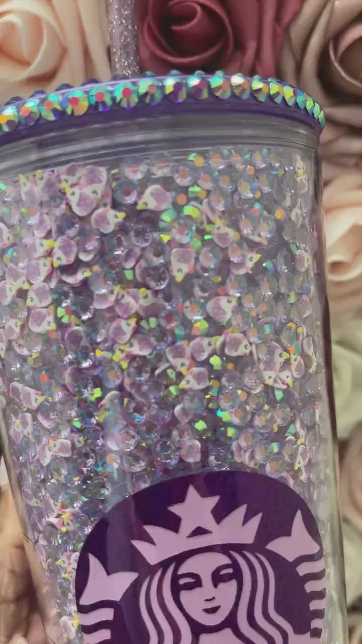 Starbucks Light Purple AB Rhinestones with Unicorn Polymer Clay,Rhinestone Filled Tumbler,Rhinestone Lid