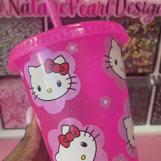 Kitty Cat Pink Glitter Cold Cup Tumbler, Mini Kids Cup, Mommy & Mini Cup, Grande Cold Cup