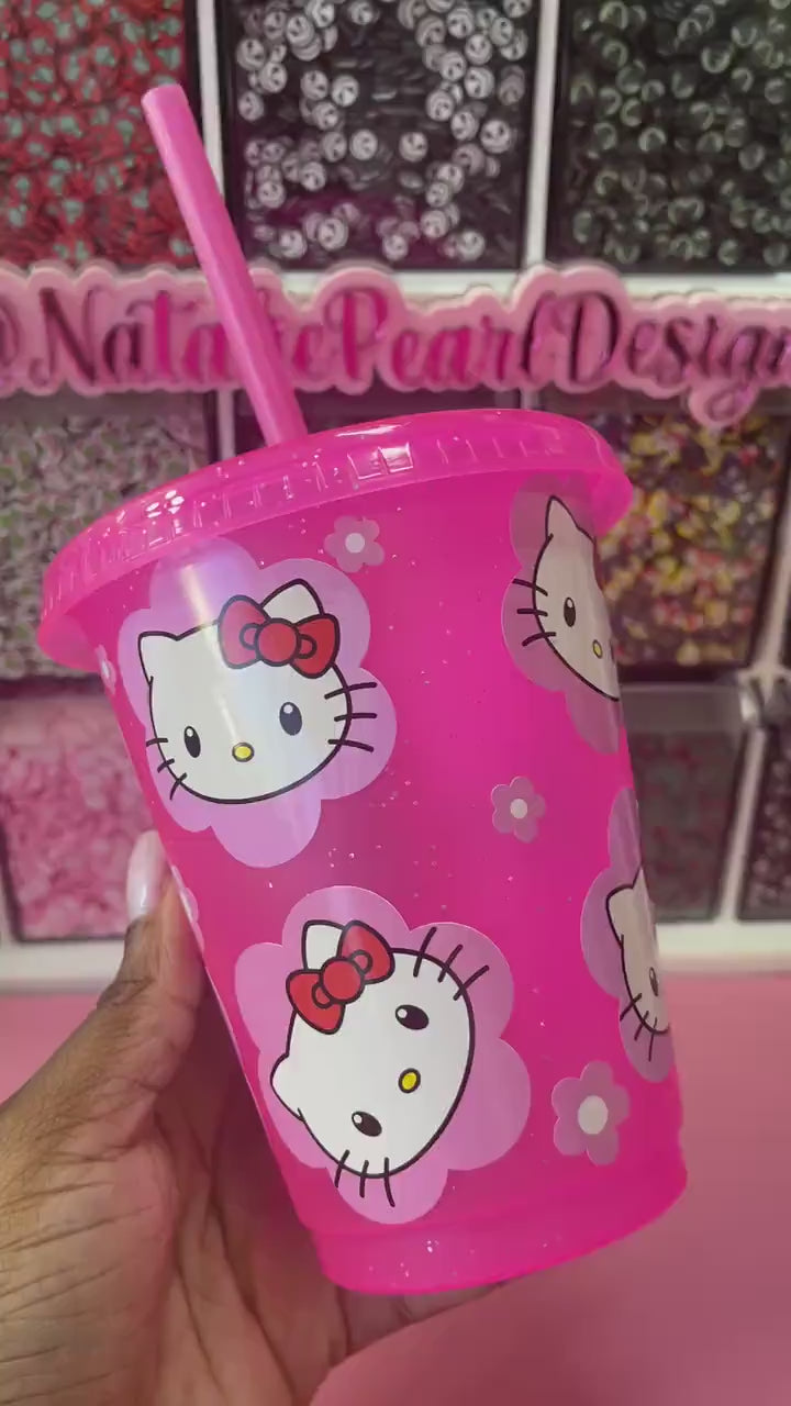 Kitty Cat Pink Glitter Cold Cup Tumbler, Mini Kids Cup, Mommy & Mini Cup, Grande Cold Cup