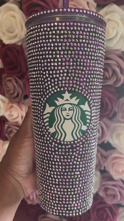 Purple & Black Glitter HTV with Silver Rhinestones Cheetah Leopard Print Vinyl Full Bling Venti Acrylic Starbucks Tumbler