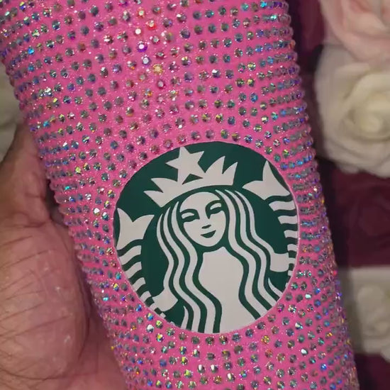 Neon Pink With Crystal AB Full Glitter Rhinestone Bling Venti Acrylic Starbucks Tumbler 24oz