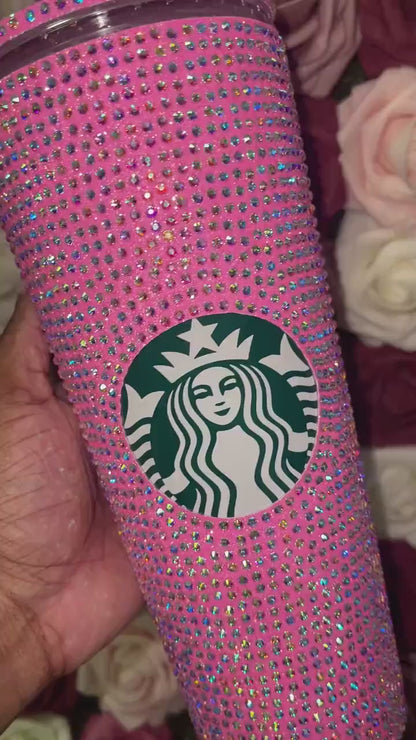 Neon Pink With Crystal AB Full Glitter Rhinestone Bling Venti Acrylic Starbucks Tumbler 24oz