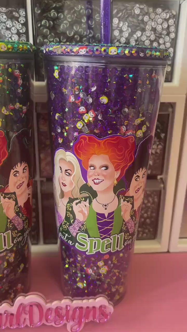 Witchy Sisters Rhinestone Filled Tumbler,Witch Tumblers, Reverse Rhinestones,Catfish Tumbler,Spooky Cup,Halloween Tumbler, Spooky Season Cup