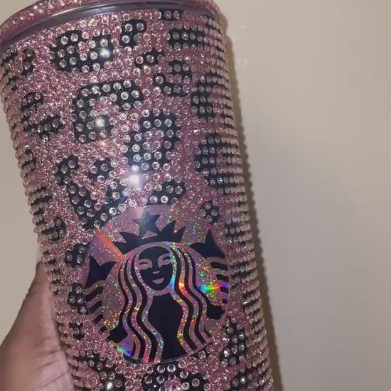 Rose Gold & Black Glitter HTV with Peach Rhinestones Cheetah Leopard Print Vinyl Full Bling Venti Acrylic Tumbler