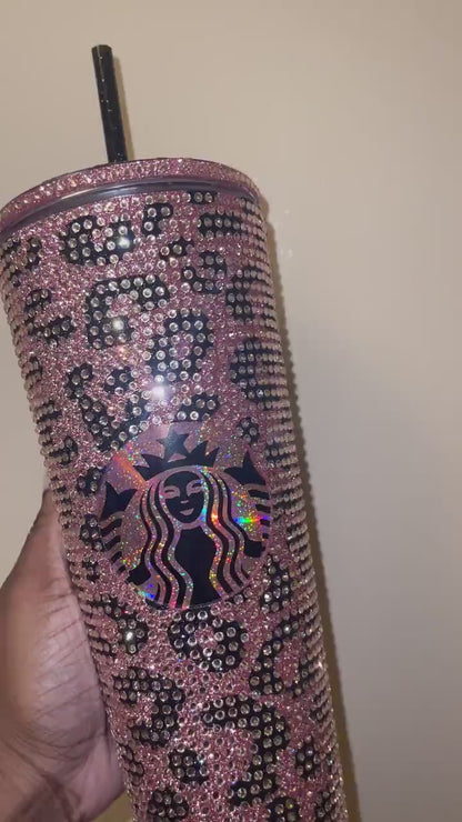 Rose Gold & Black Glitter HTV with Peach Rhinestones Cheetah Leopard Print Vinyl Full Bling Venti Acrylic Tumbler