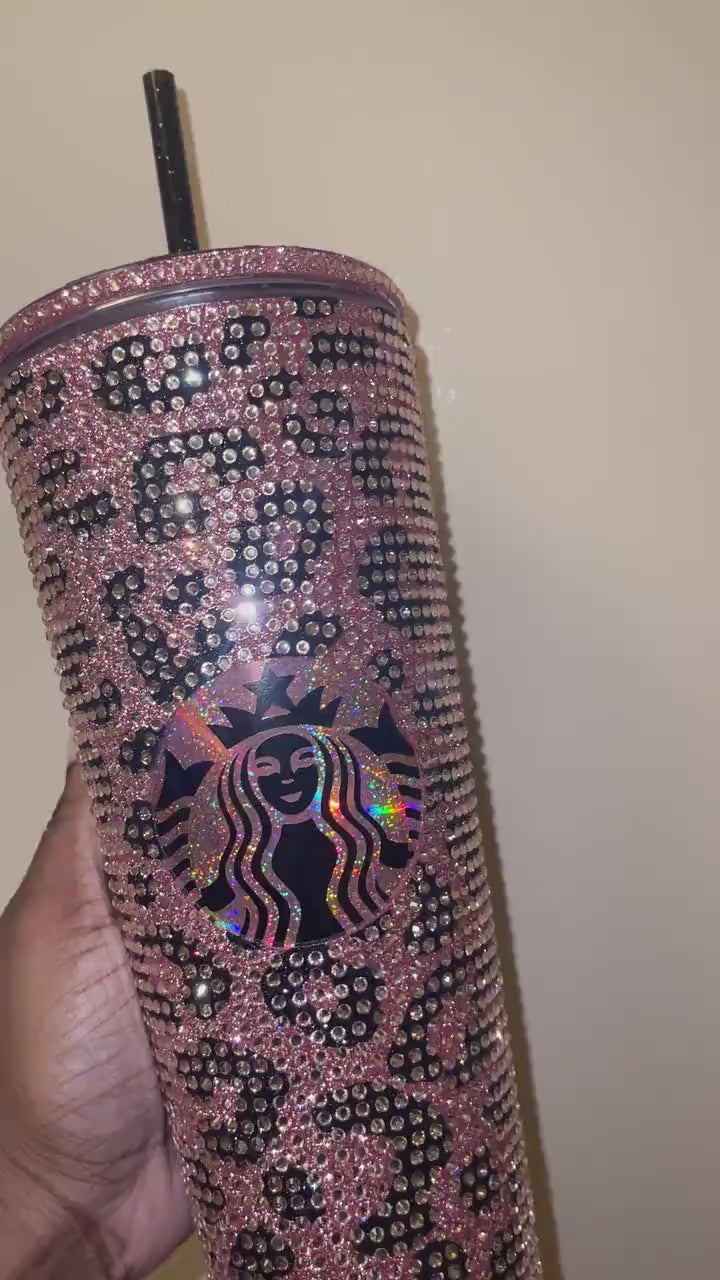 Rose Gold & Black Glitter HTV with Peach Rhinestones Cheetah Leopard Print Vinyl Full Bling Venti Acrylic Tumbler
