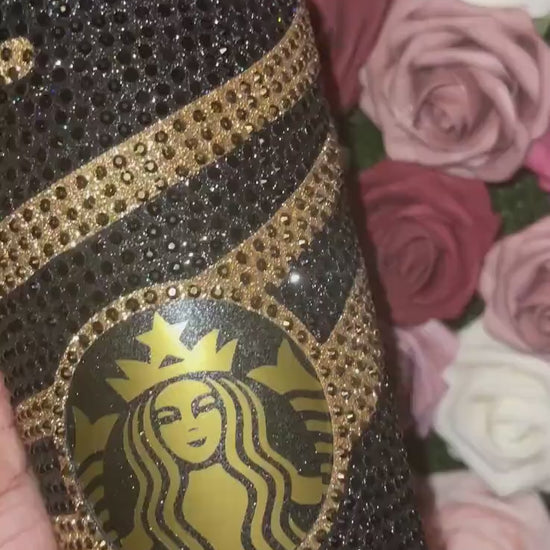 Striped Galaxy Black & Gold| Gold and Jet Black Rhinestones Full Glitter Bling Venti Acrylic Starbucks Tumbler 24oz