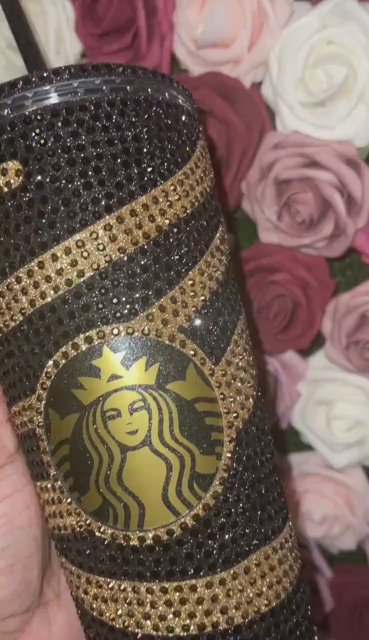 Striped Galaxy Black & Gold| Gold and Jet Black Rhinestones Full Glitter Bling Venti Acrylic Starbucks Tumbler 24oz