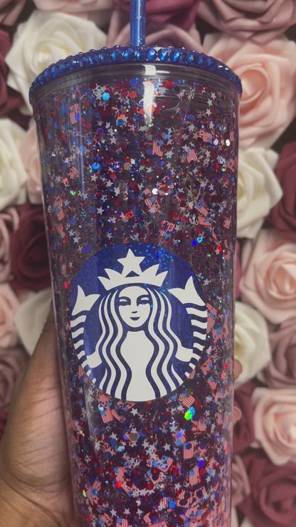 USA Flag Glitter Snow Globe Tumbler