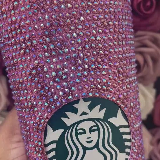 Flamingo Pink & Rose Gold Glitter HTV with Rose Pink AB Rhinestones Cheetah Leopard Print Vinyl Full Bling Venti Acrylic Starbucks Tumbler