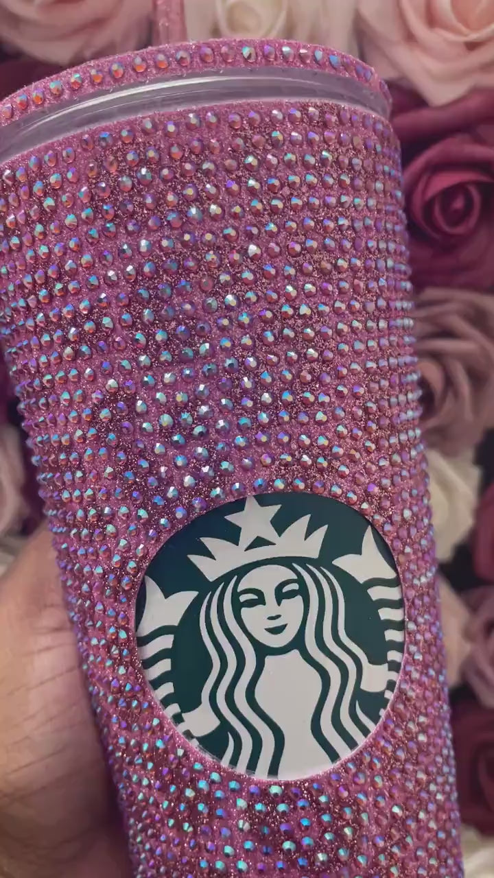 Flamingo Pink & Rose Gold Glitter HTV with Rose Pink AB Rhinestones Cheetah Leopard Print Vinyl Full Bling Venti Acrylic Starbucks Tumbler