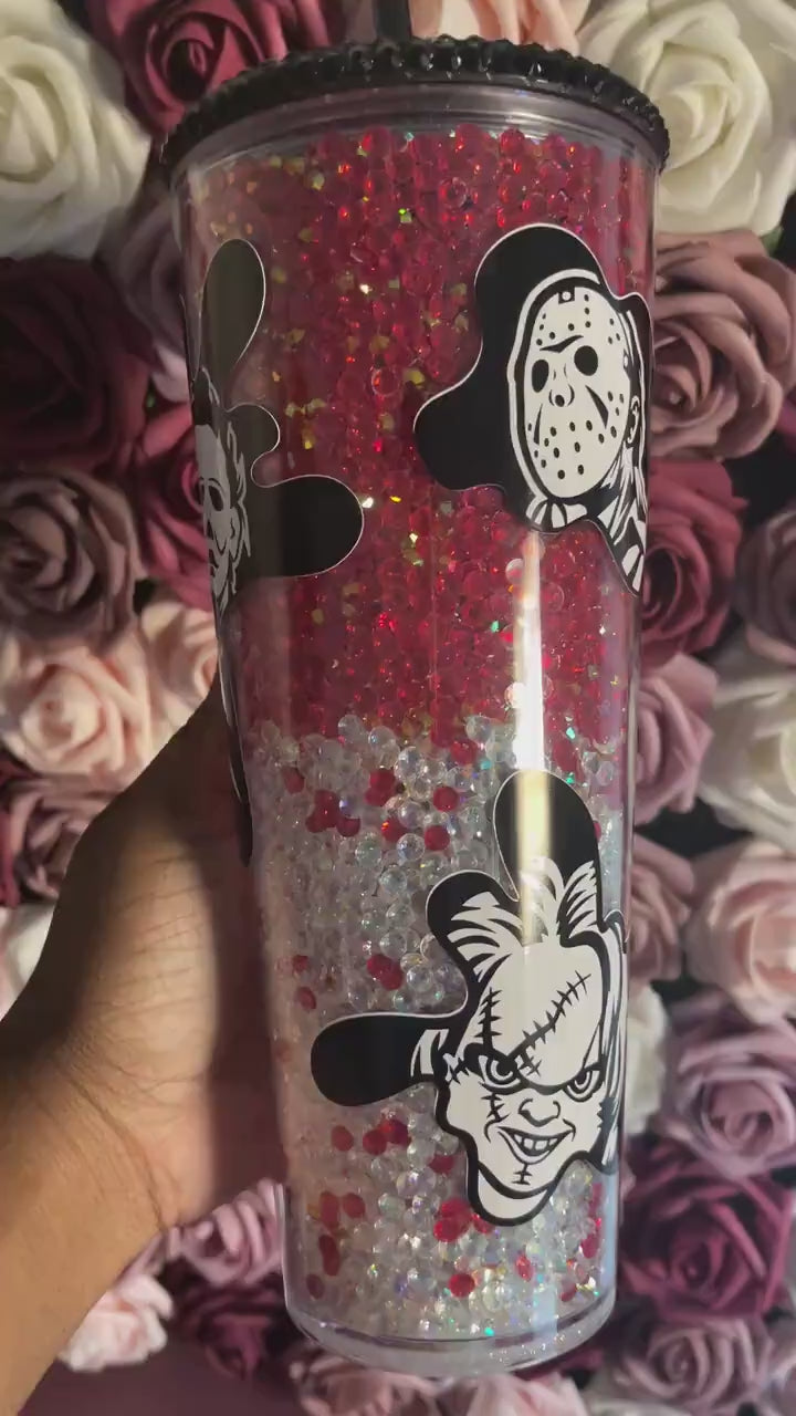 Halloween Scary Guys Blood Ombre Drip Rhinestone Filled Tumbler, Rhinestone Lid, Reverse Rhinestones 24 oz