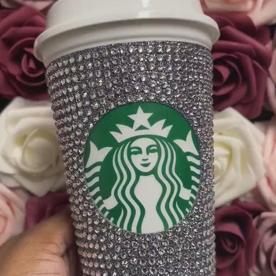 Black Silver Glitter HTV and Crystal Rhinestone Bling Hot Cup Starbucks Tumbler 16 oz