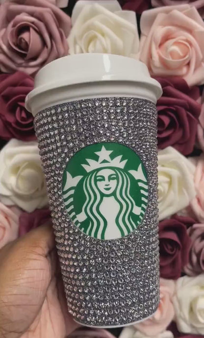 Black Silver Glitter HTV and Crystal Rhinestone Bling Hot Cup Starbucks Tumbler 16 oz