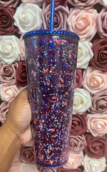 USA Flag Glitter Snow Globe Tumbler