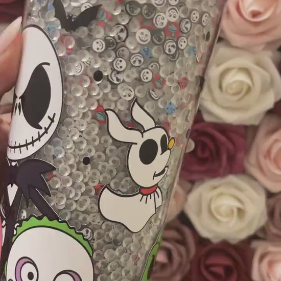 Halloween Nightmare Mix Glow in the Dark Rhinestone Filled Tumbler, Rhinestone Lid, Reverse Rhinestones 24 oz