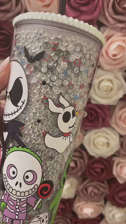 Halloween Nightmare Mix Glow in the Dark Rhinestone Filled Tumbler, Rhinestone Lid, Reverse Rhinestones 24 oz