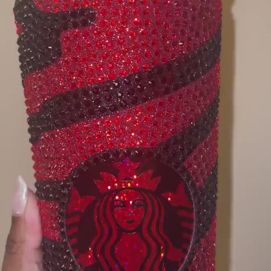Striped Red & Black Vinyl| LT. Siam and Black Rhinestones Full Glitter Bling Venti Acrylic Starbucks Tumbler 24oz