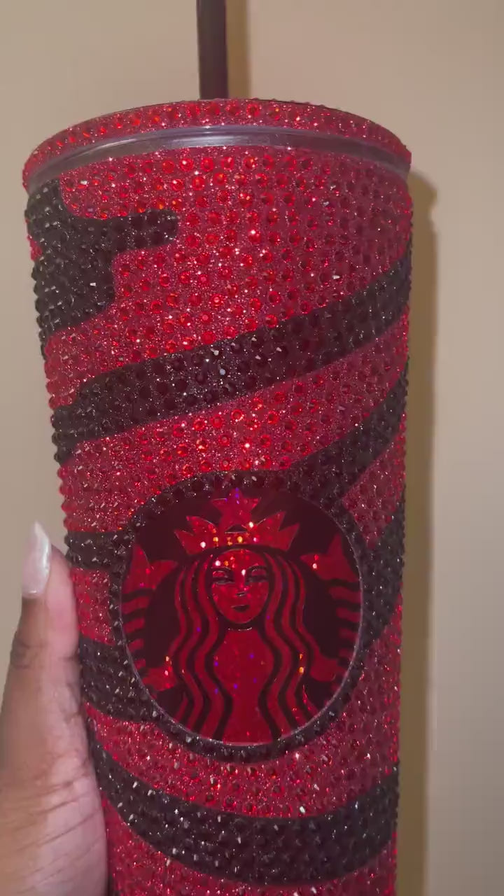 Striped Red & Black Vinyl| LT. Siam and Black Rhinestones Full Glitter Bling Venti Acrylic Starbucks Tumbler 24oz