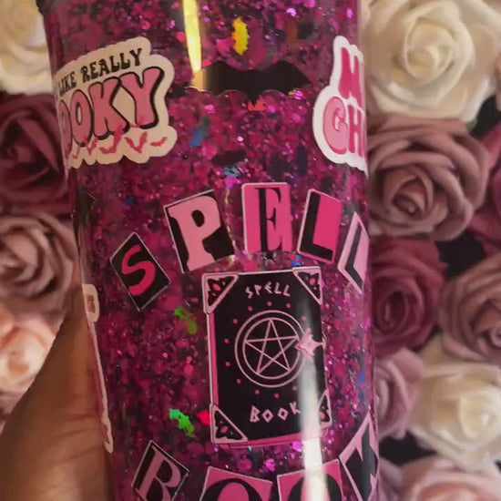 Spooky Spell Book Mean Girls Pink & Black Halloween Snow Globe Tumbler