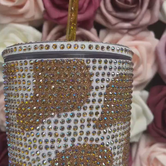 Champagne Cow Print Rainbow White with Peach Rhinestones Full Bling Venti Acrylic Starbucks Tumbler 16 or 24oz