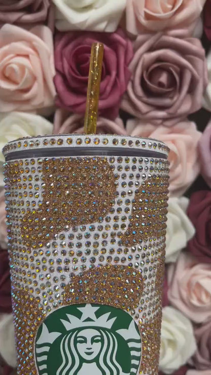 Champagne Cow Print Rainbow White with Peach Rhinestones Full Bling Venti Acrylic Starbucks Tumbler 16 or 24oz