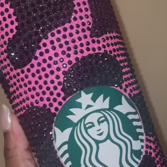 Neon Pink & Black Rhinestones Cow Print Full Bling Venti Acrylic Tumbler 16 or 24oz
