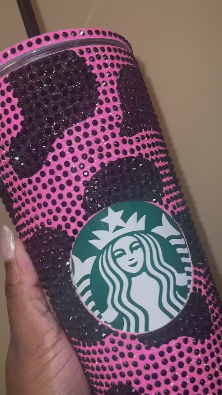 Neon Pink & Black Rhinestones Cow Print Full Bling Venti Acrylic Tumbler 16 or 24oz
