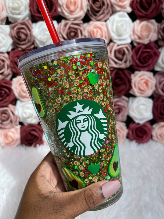 Avocado Smiley Face Heart Green Holographic Glitter Snow Globe Tumbler|Red Hearts