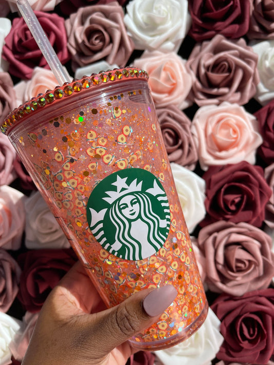 Fuzzy Peach Drink Snow Globe Tumbler|Starbucks Rhinestone Lid Tumbler|Floating Glitter|Orange Pink Iridescent