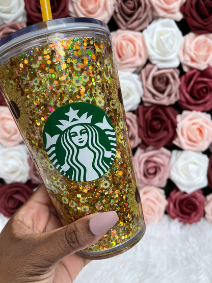 Sunflower Golden Holographic Chunky Glitter Snow Globe Official Starbucks Tumbler|Floating Glitter