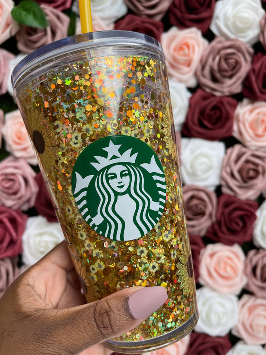 Sunflower Golden Holographic Chunky Glitter Snow Globe Official Starbucks Tumbler|Floating Glitter