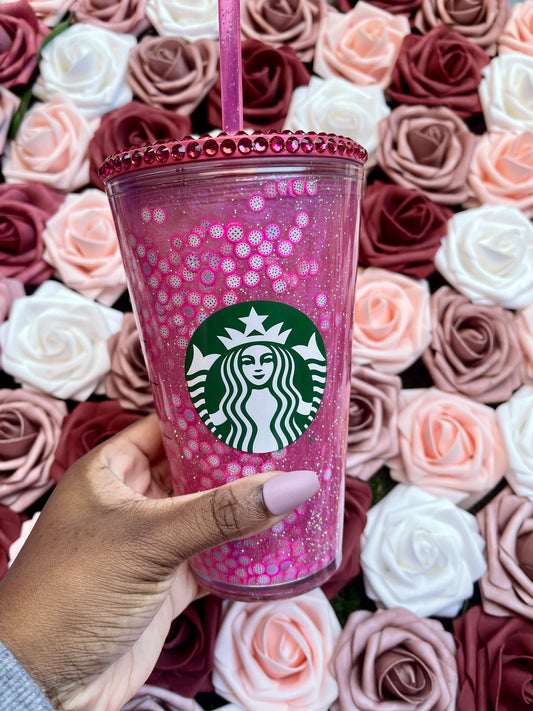 Dragonfruit Refresher Snow Globe Tumbler|Starbucks Rhinestone Lid Tumbler|Floating Glitter|Pink Dark Rose Iridescent