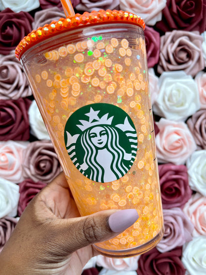 Orange Creamsicle Snow Globe Tumbler|Starbucks Rhinestone Lid Tumbler|Floating Glitter|Orange