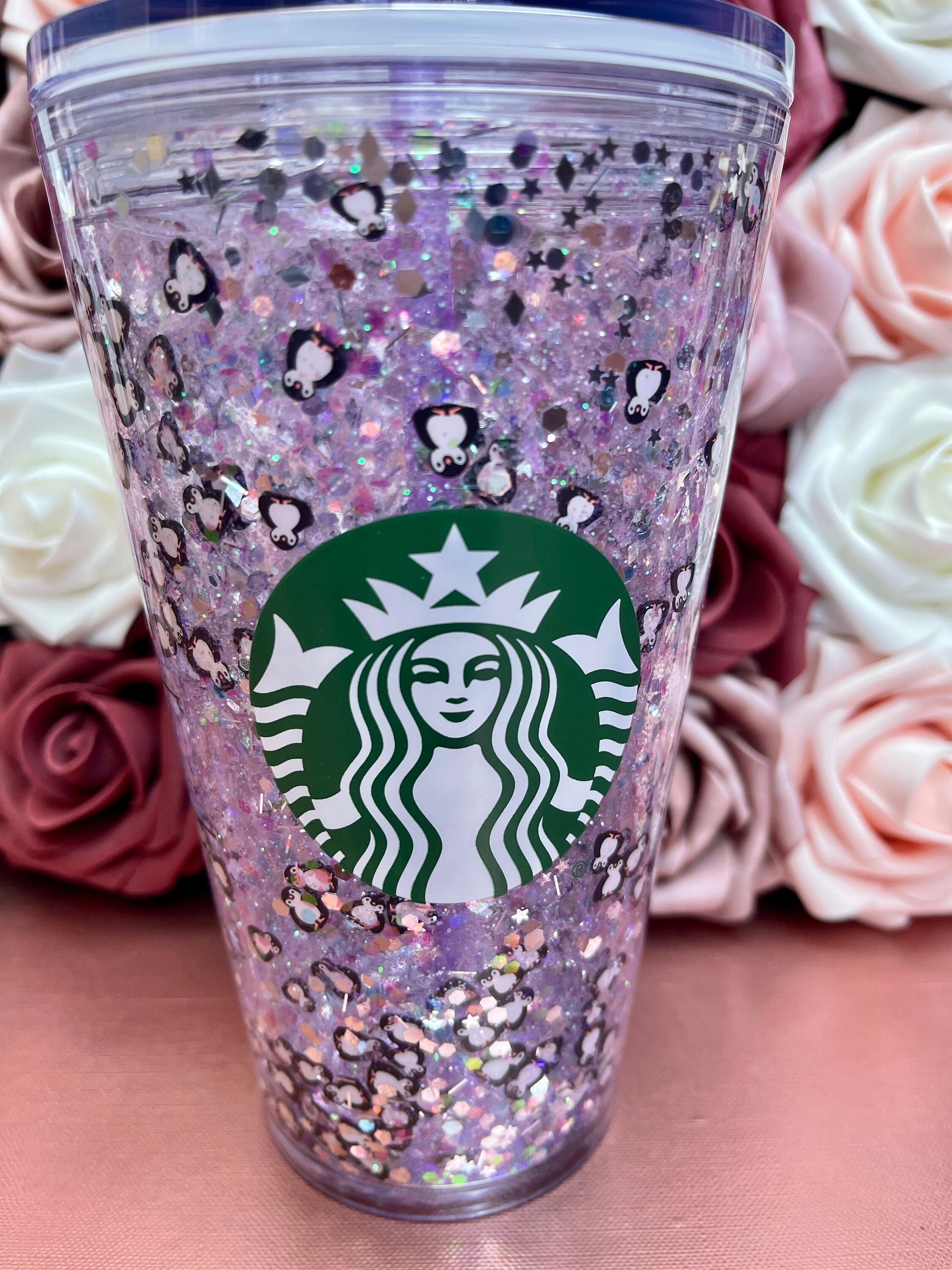 Penguin Purple & Silver Holographic Glitter Snow Globe Tumbler|Floating Glitter