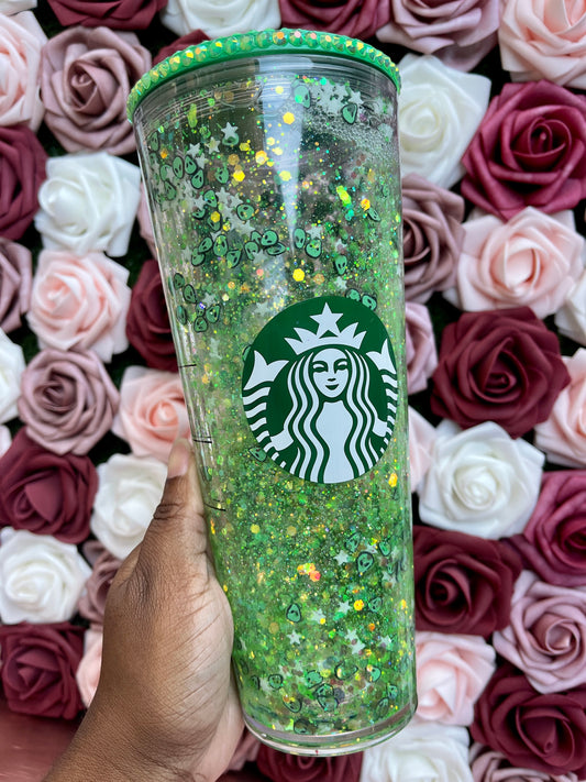 Glitter Snowglobe |Alien Glow in the Dark Stars|Green Grande Venti Acrylic Starbucks Tumbler 16oz|Confetti Cup|Floating Glitter