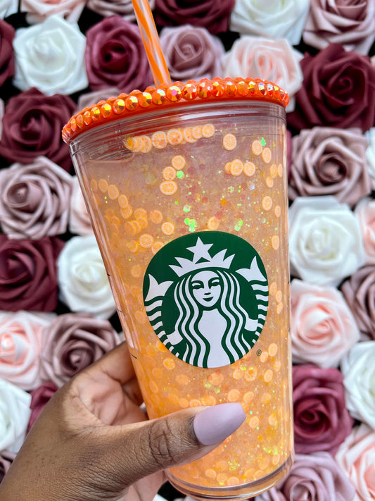 Orange Creamsicle Snow Globe Tumbler|Starbucks Rhinestone Lid Tumbler|Floating Glitter|Orange