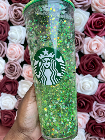 Glitter Snowglobe |Alien Glow in the Dark Stars|Green Grande Venti Acrylic Starbucks Tumbler 16oz|Confetti Cup|Floating Glitter