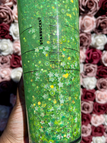 Kiwi Starfruit Refresher Drink Snow Globe Tumbler|Starbucks Rhinestone Lid Tumbler|Floating Glitter|Green