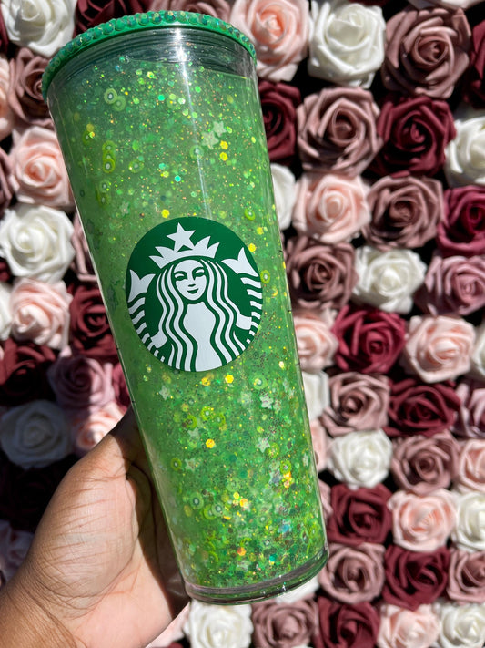 Kiwi Starfruit Refresher Drink Snow Globe Tumbler|Starbucks Rhinestone Lid Tumbler|Floating Glitter|Green